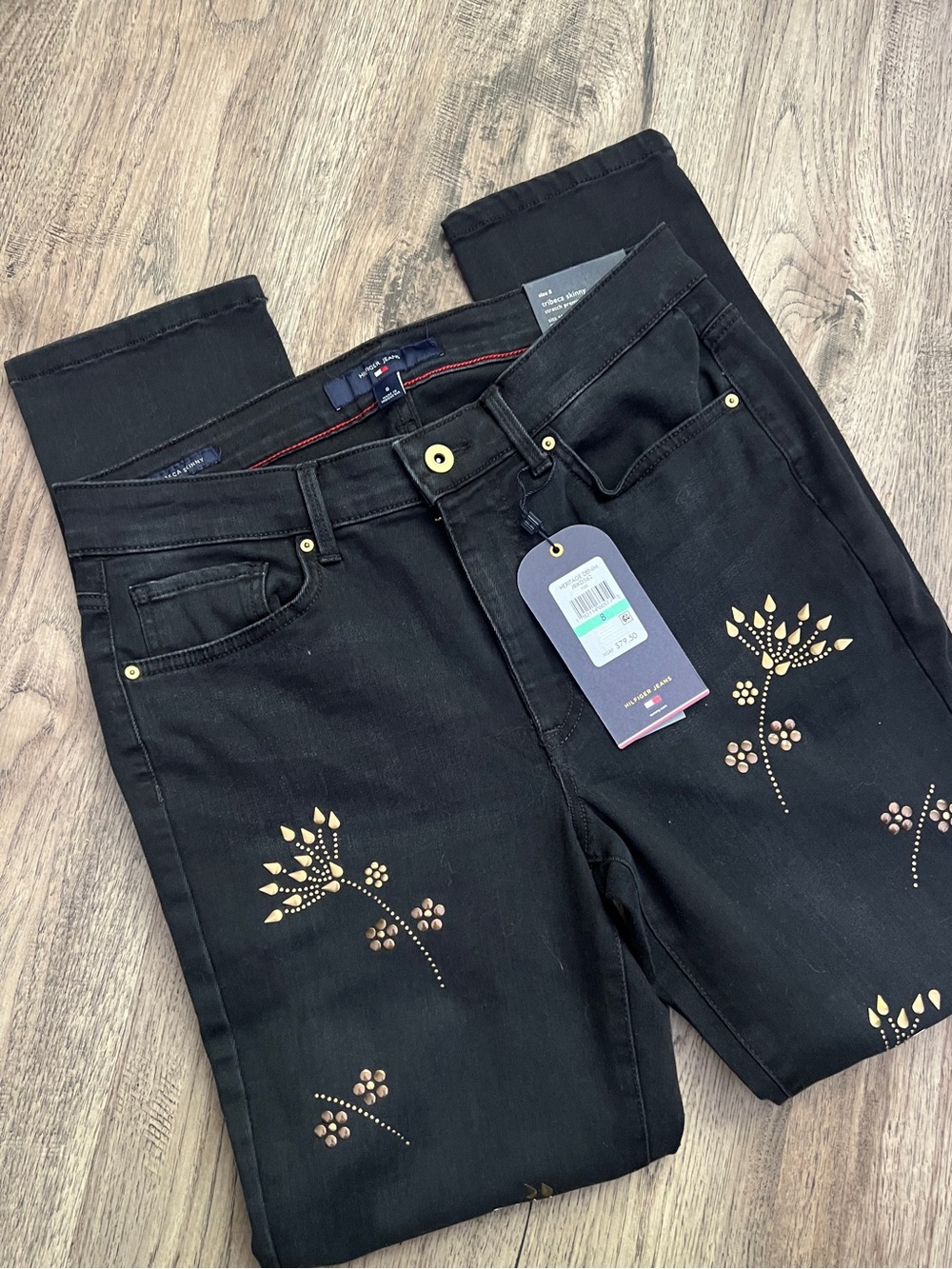 Tommy Hilfiger Black Skinny Jeans with Gold Floral Studs